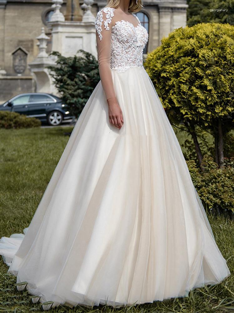 

Party Dresses 2023 Long Tulle Sleeves Bride Ball Gown Sweetheart Backless Lace Up Wedding Dress Elegant Appliques Sweep Train Vestido De, Ivory