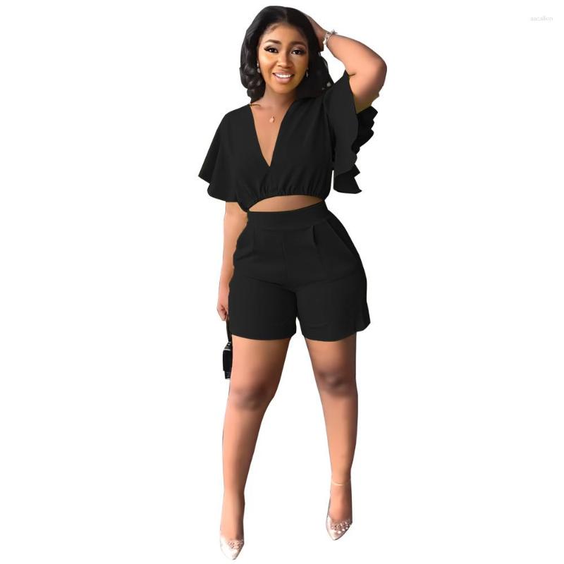 

Women' Tracksuits Sets Womens 2 Piece Outfit Ruffle Short Sleeve V-neck Shorts And Top Set Office Commuting Summer Casual Women, Black