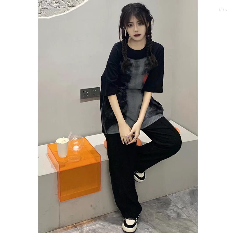 

Women's T Shirts High Street Fashion Hip Hop T-shirt Women Cotton Summer American Retro Dark Loose Print Short Sleeve Top Clothing, Black