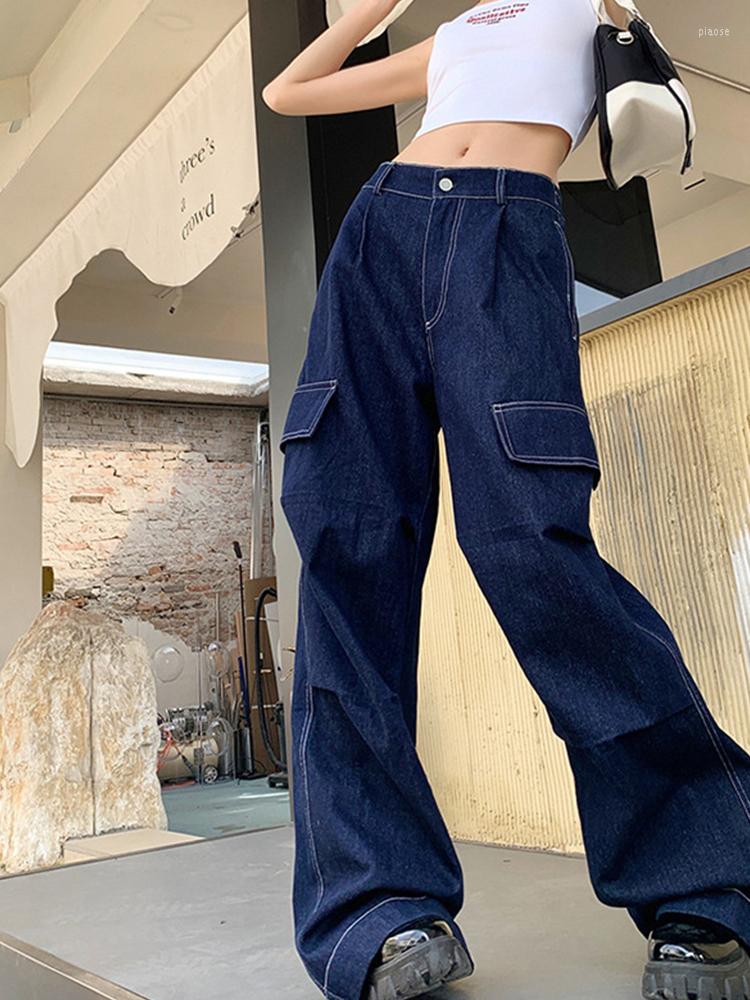 

Women' Jeans Kalevest Y2K Cargo Blue Korean Fashion Women Denim Low Rise Gyaru Rave Outfits Pockets Baggy Pants For Female