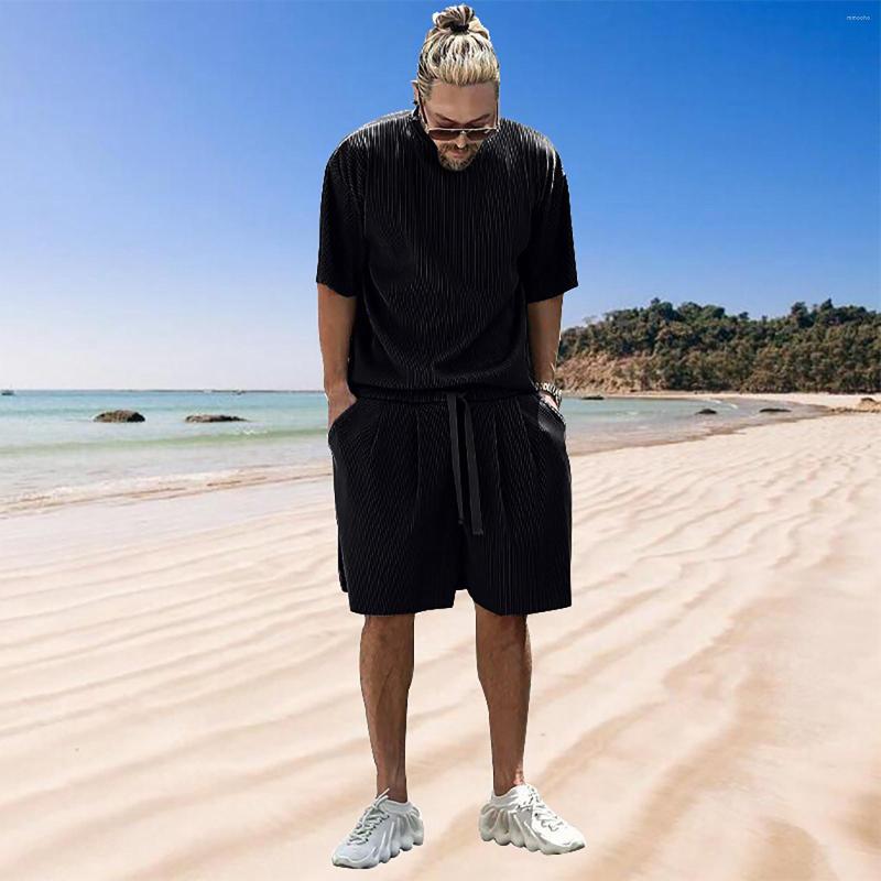 

Men's Tracksuits Suit T Shirt And Shorts Two Piece Striped Loose Short Sleeve Solid Color Leisure Vacation Men, Black