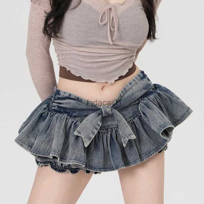 

HOUZHOU Grunge Y2k Bow Denim Skirt with shorts Women Vintage Gyaru Ruffle Low Waist Sexy Pleated Mini Skirts Summer Streetwear L230621, Blue