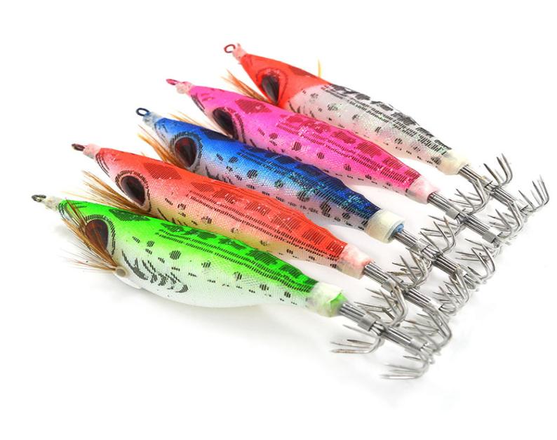 

5colors 10cm luminous squid hook 3D big eyes squid jigs hooks wood shrimp jigging fishing lures3130933