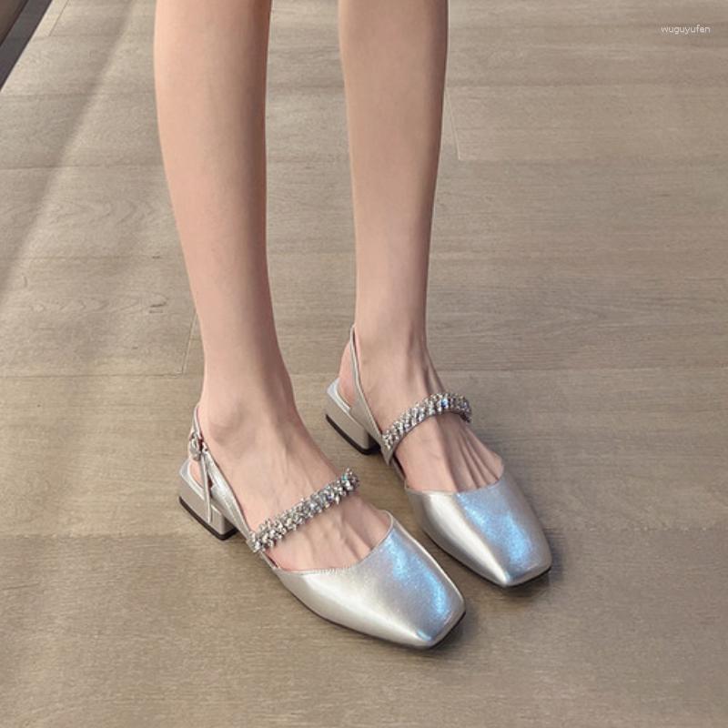 

Sandals Temperament French Women's 2023 Summer Thick Heel Square Head Rhinestone Baotou Silver Mary Jane Shoes, Silvery