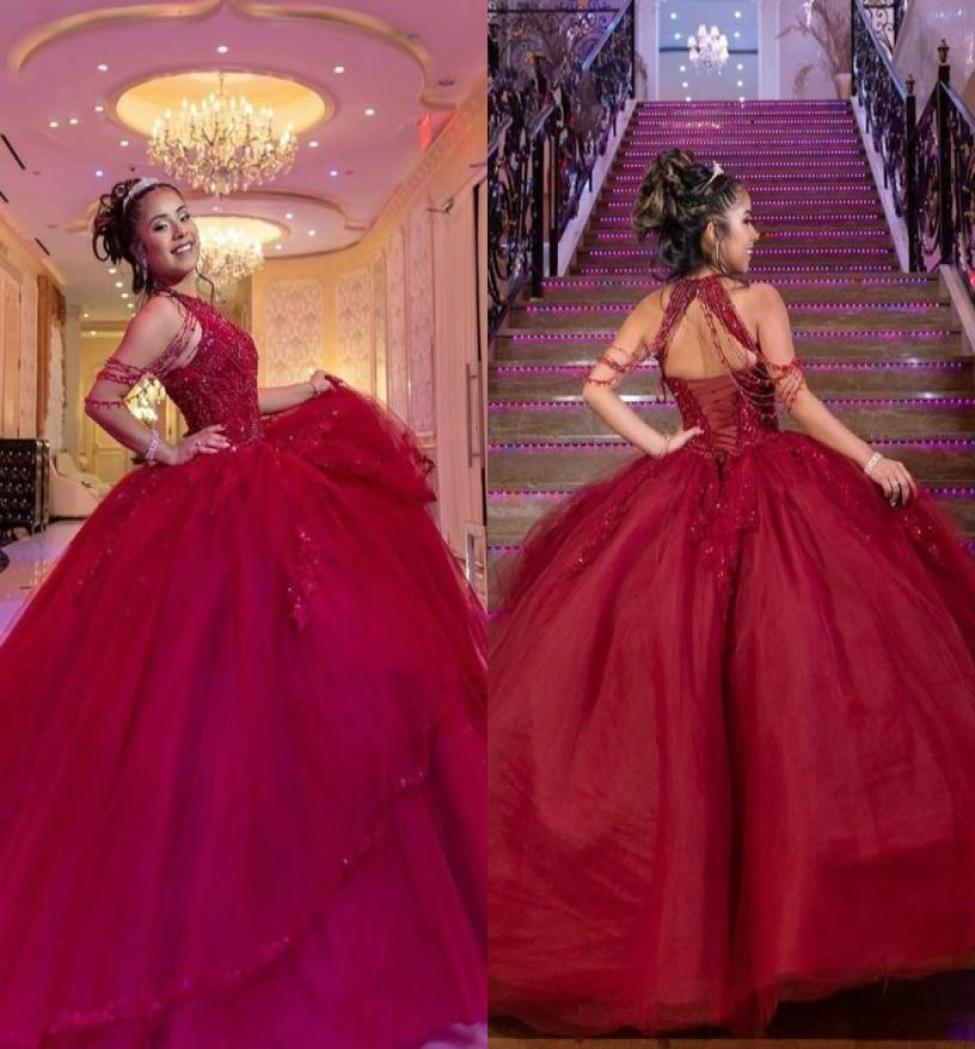 

Burgundy Beading Cold Shoulder Quinceanera Dress Ball Gown Sweet 16 Dresses Tulle Lace Crystal Layers Princess Prom Ball Gowns Ves1088606, Red