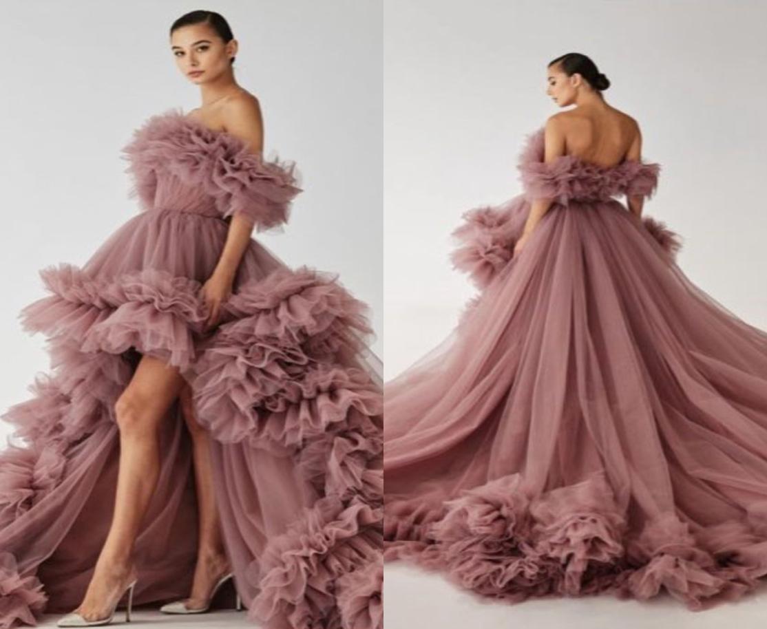 

2022 High Low Prom Party Dresses Fluffy Ruffled Tulle Off the Shoulder Formal Evening Gowns Strapless Po Shoot Pography Dres1047445, Gold