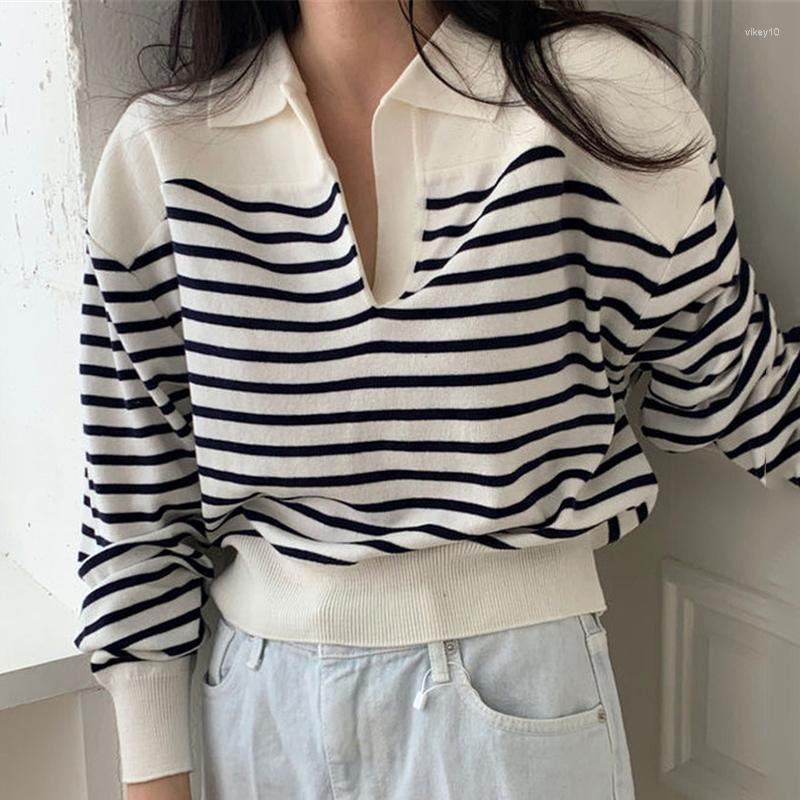 

Women's Sweaters Fashion Vintage Women Striped Sweater Spring Autumn Long Sleeve Knitted Tops Korean Style Leisure Pullover, Black