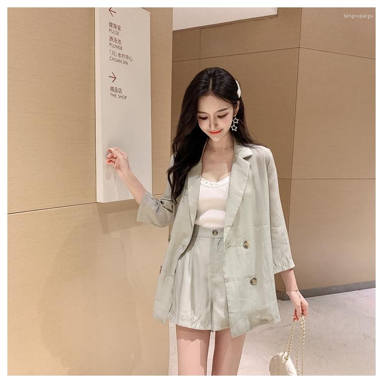 

Women' Tracksuits Suit Three-piece 2023 Summer Korean Double-breasted Sunscreen Solid Color Three-quarter Sleeves Small Shorts, White