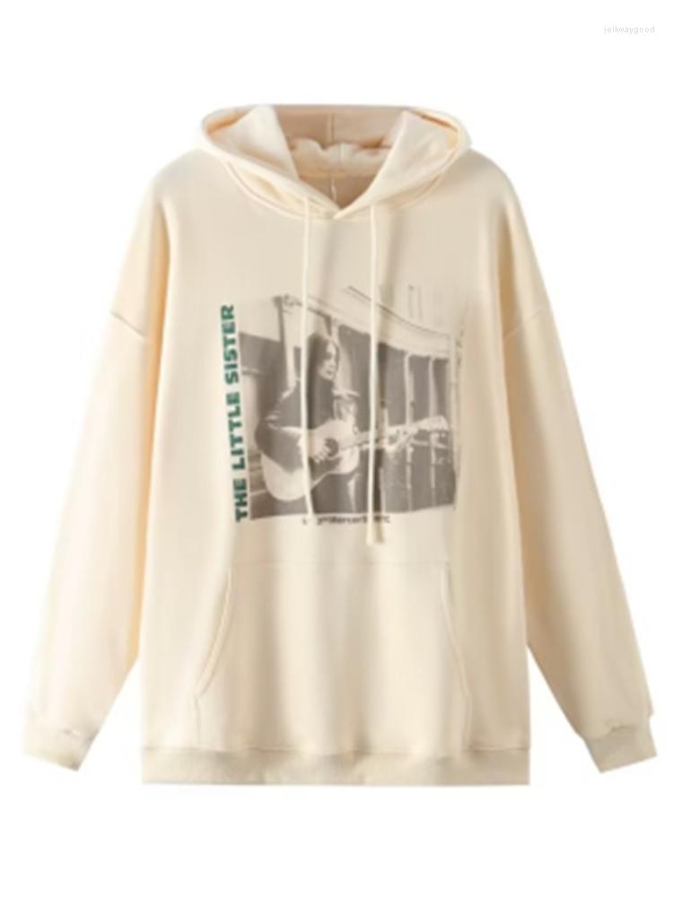 

Women's Hoodies UNUTH Casual Women Beige Guitar Girl Printed Loose 2023 Autumn Fashion Hooded Long Sleeves Female Chic Pullovers