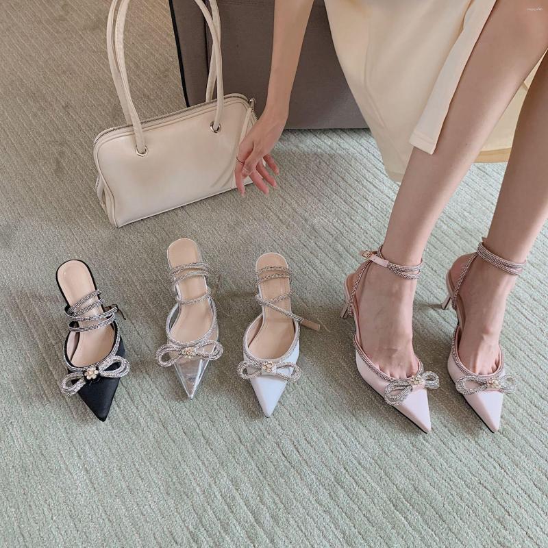 

Sandals LTARTA Mules Women's Shallow Mouth Rhinestone Bow Pointed Sexy Back Space Cross Buckle High-heeled Shoes ZL, White