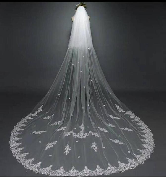 

Two layers Long Bridal Veils White Tulle Lace Applique Wedding Dress Veil for Wedding Accessories6864071