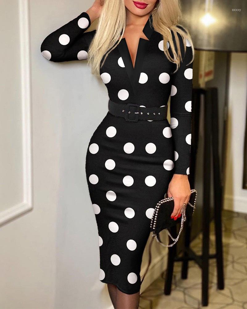 

Casual Dresses Women Polka Dot Print Slim Dress Summer Short Sleeve Office Business Sheath Elegant Knee-Length Party Vestidos, White