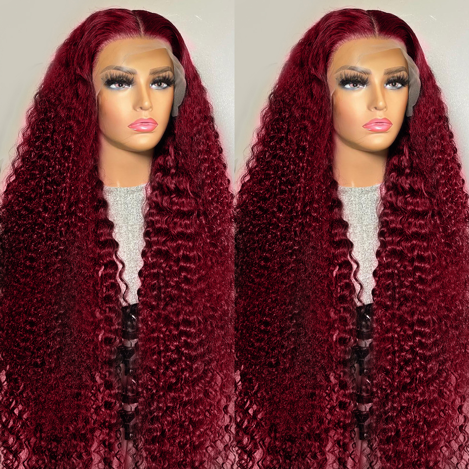 

13x4 Deep Curly Lace Frontal Wig Transparent 99J Burgundy T Part Lace Front Wigs Red Colored HD Deep Wave Human Hair Wigs
