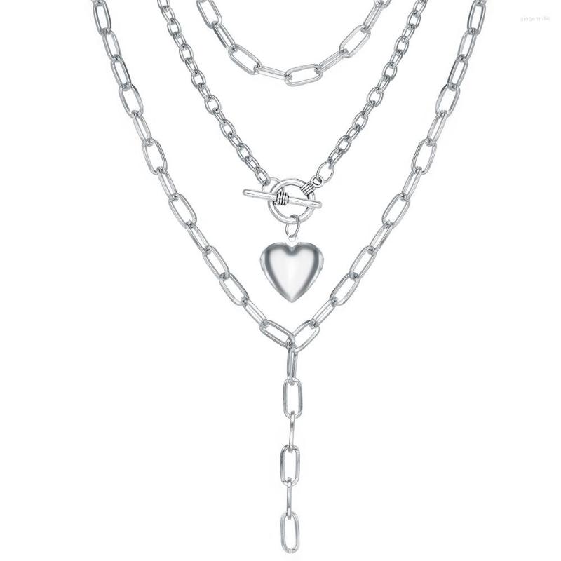 

Pendant Necklaces Trendy Silver Color Love Heart Necklace Women Fashion Multilayer Thick Chain Personality Clavicle