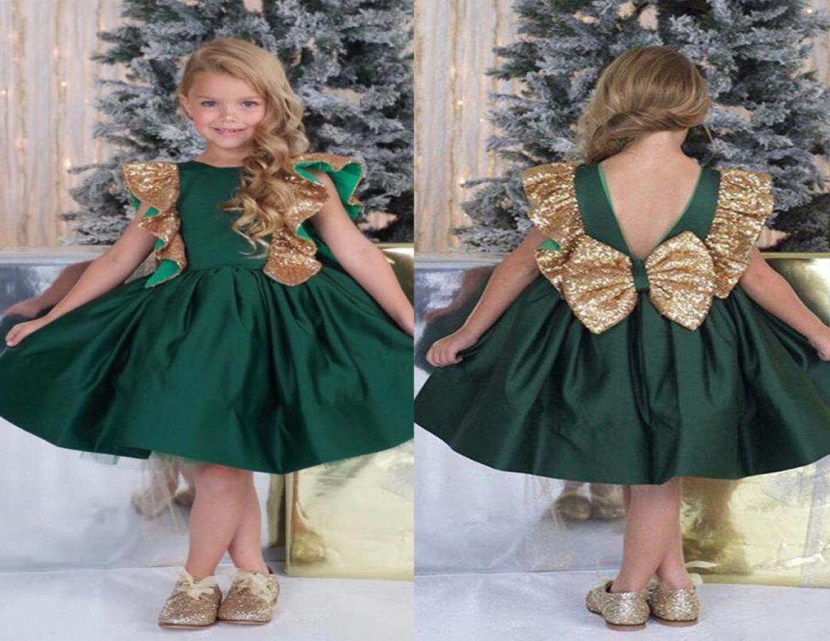 

Fashion Dark Green Gold Girls Pageant Dresses Ruffled Sleeves Satin Sequins Knee Length Backless Children Party Dresses Flower Gir1924092, Ivory