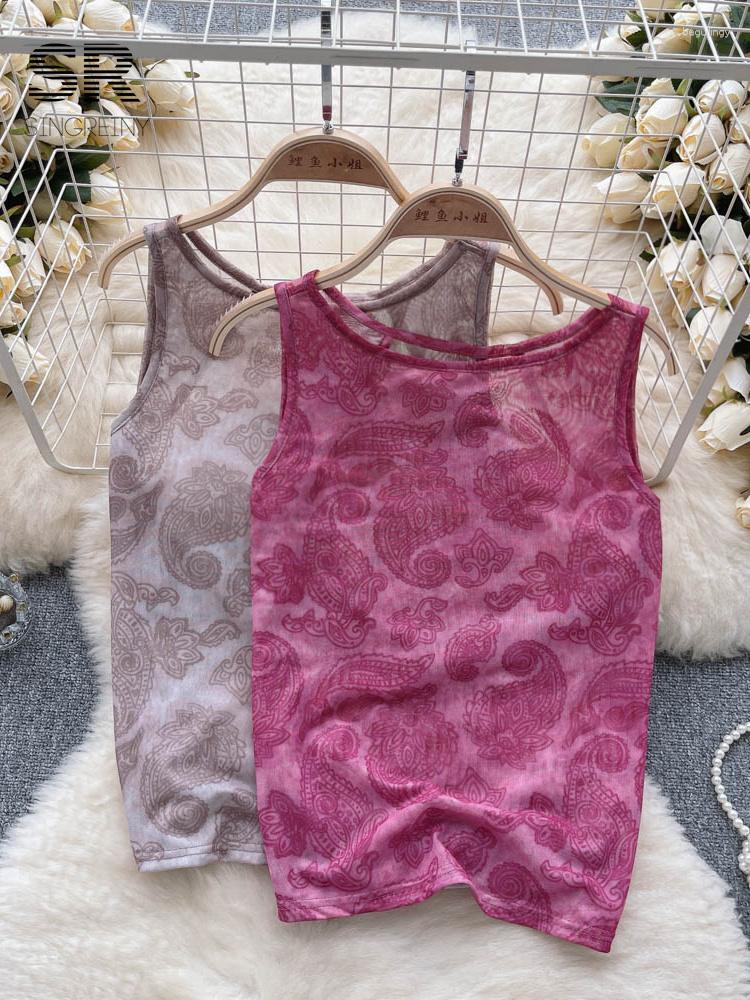 

Women's Tanks SINGREINY Backless Print Camisole Sleeveless Women O Neck Thin Mesh Fashion 2023 Elegant Ladies Streetwear Y2K Sexy Tank Top, Rose