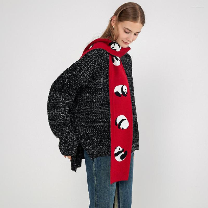 

Scarves Autumn Winter 2023 Fashionable Panda Pattern Women's Scarf Retro Chinese Style Cashmere Like Knitted Small