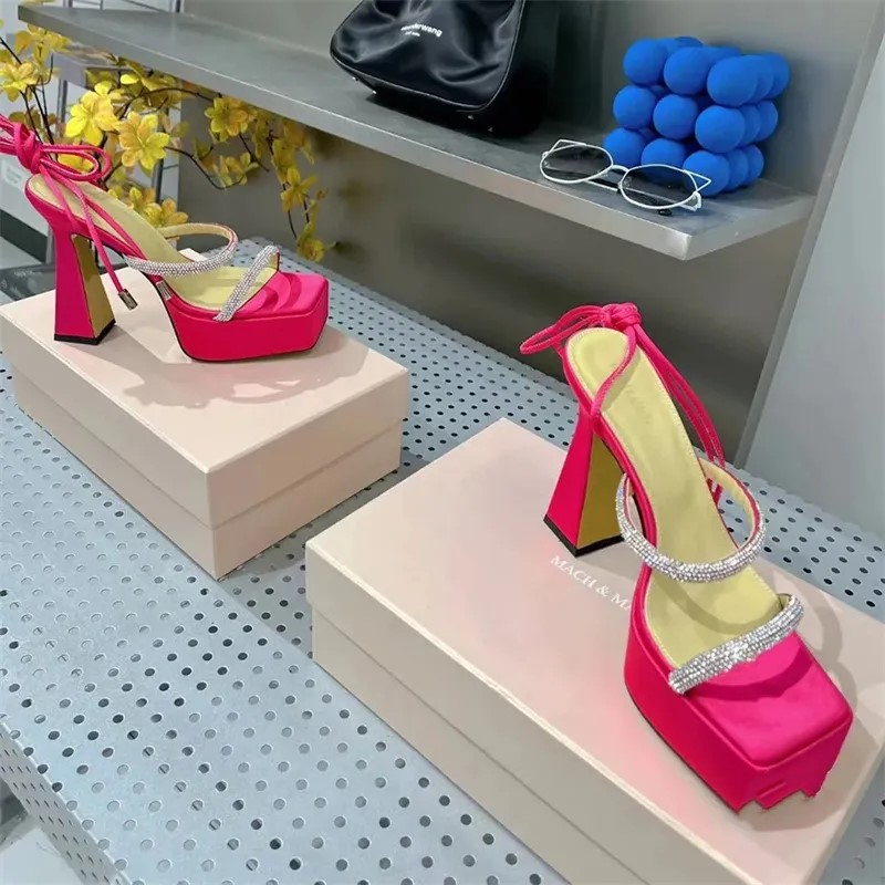 

sandals Double waterproof platform Crystal studded Ankle Wraparound dress shoes Party Designers 9.5cm high heeled rhinestone Rome womens sandal With Box, Orange