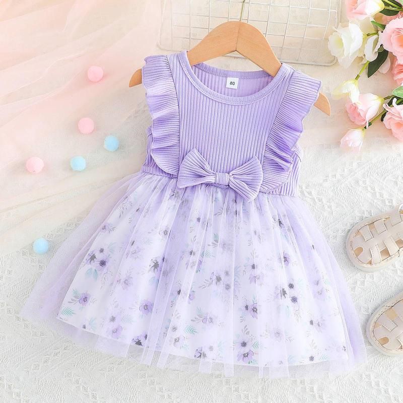 

Girl Dresses Toddler Girls Sleeveless Floral Prints Bowknot Ribbed Tulle Princess Dress Clothes, Pink