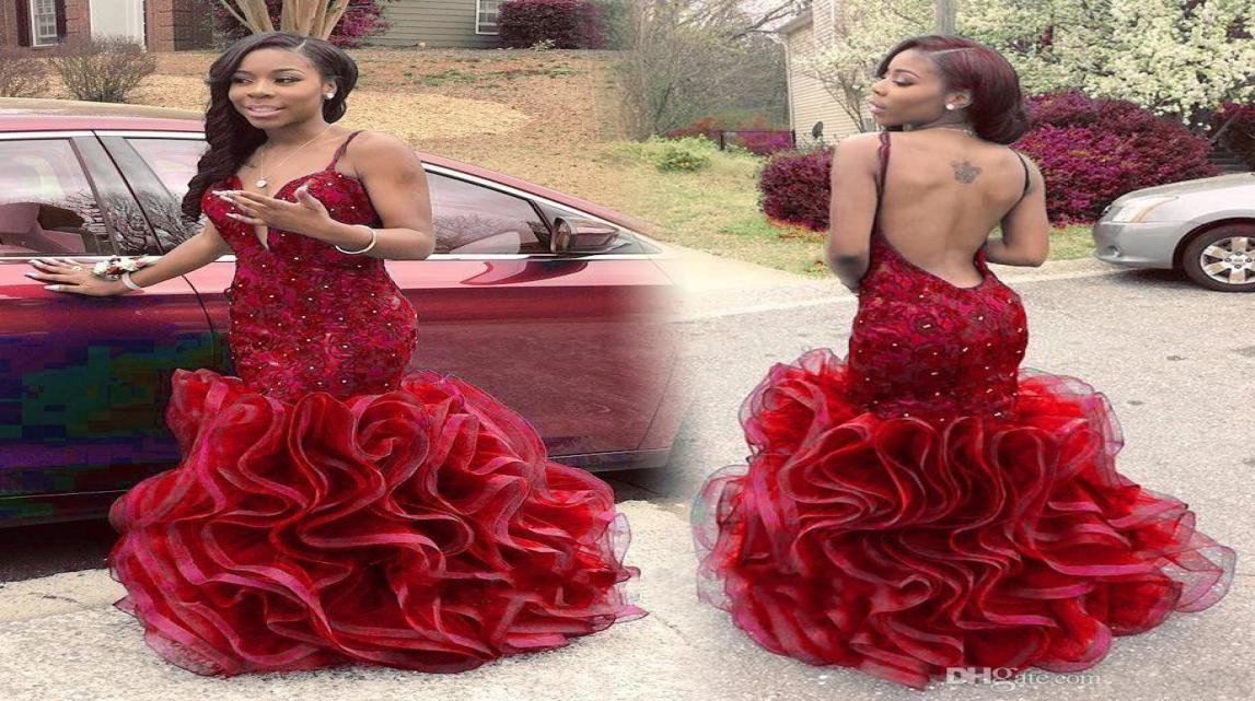 

Sexy Backless Prom Dresses mermaid Ruffles Flouncing 2016 Lace Party Gowns Spaghetti Straps Beaded Evening GOWNS1587144, Pink