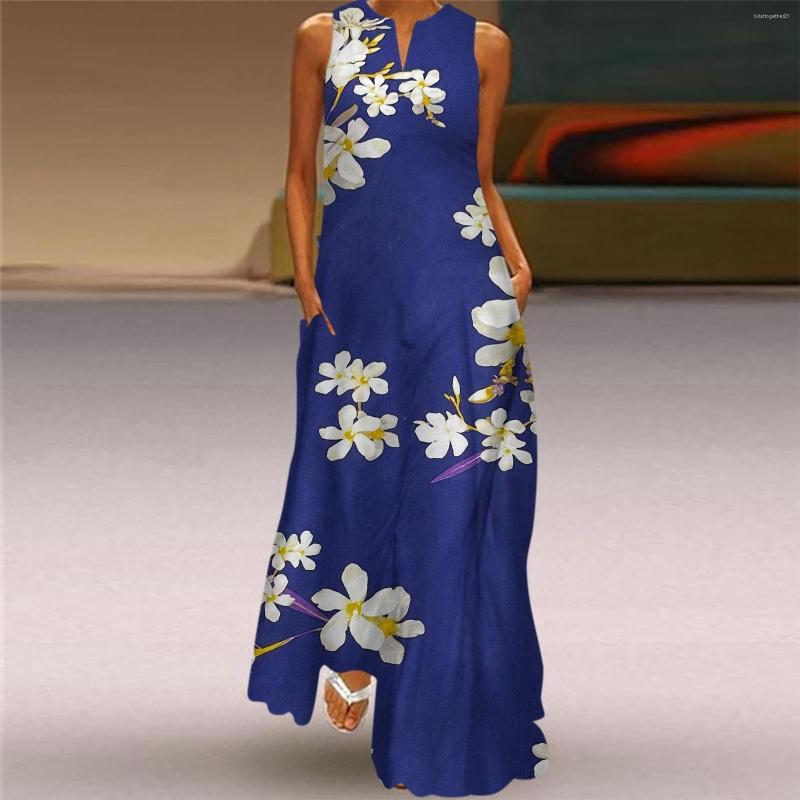 

Casual Dresses Women'S Vintage Printed Summer Boho Sleeveless V-Neck Long Dress Ladies Elegant Beach Party Maxi Vestidos, E-navy