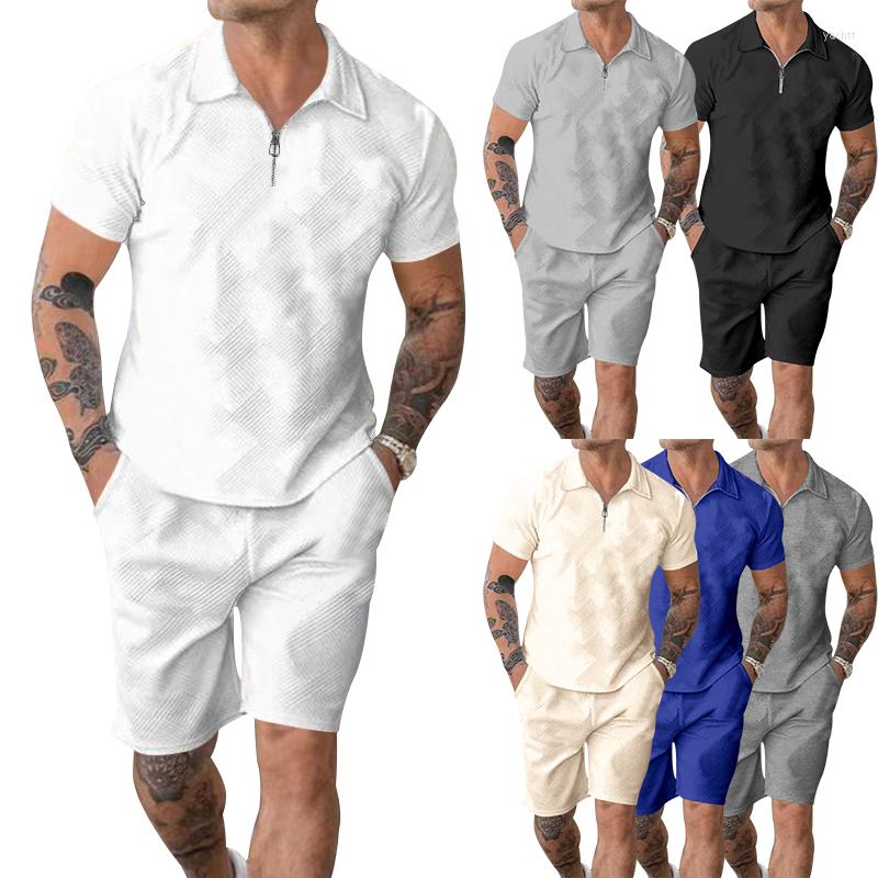 

Men's Tracksuits 2023 Cross Border European And American Wear Casual Texture Jacquard POLO Zip Short Sleeve Shorts Set, Black
