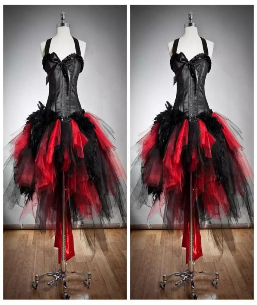 

2022 Halter Slim Ball Gown Tulle Gothic Red and Black Corset Prom Dresses Custom Size Fur and Tulle Burlesque Hi Lo Special Party 2978229, Same as image