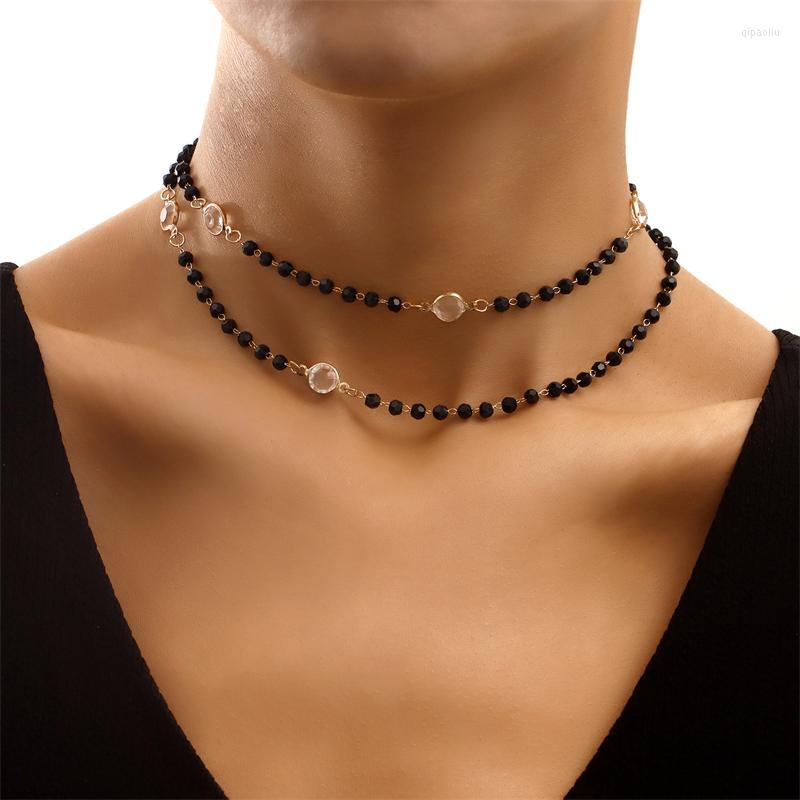 

Chains Black Glass Beads Rhinestone Clavicle Necklace For Women Fashion Jewelry Beaded Necklaces Female Simple