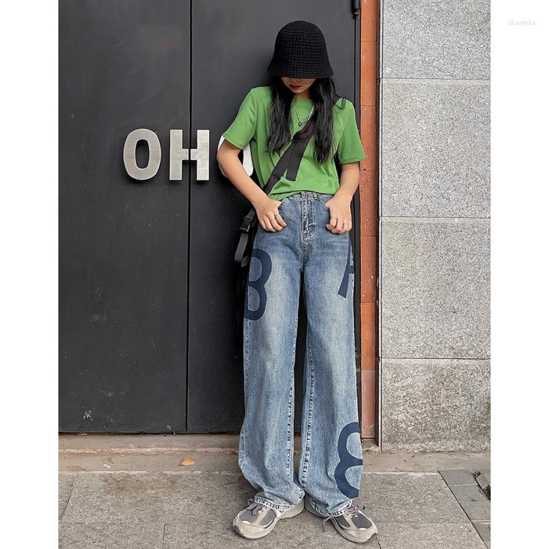 

Women' Jeans Women Blue Letter Printing High Waist American Street Wide Leg Pants Fashion Hip Hop Vintage Straight Y2K Summer Trousers