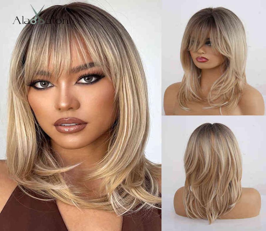 

ALAN EATON Synthetic Wigs Long Straight Layered Hairstyle Ombre Black Brown Blonde Gray Ash Full Wigs with Bangs for Black Women Y8639393, Mix color