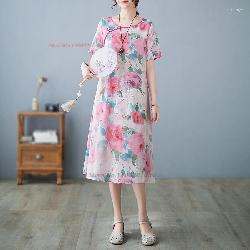 

Ethnic Clothing 2023 Chinese Improved Qipao Dress Vintage Flower Print Cotton Linen Cheongsam Oriental Folk Style Long