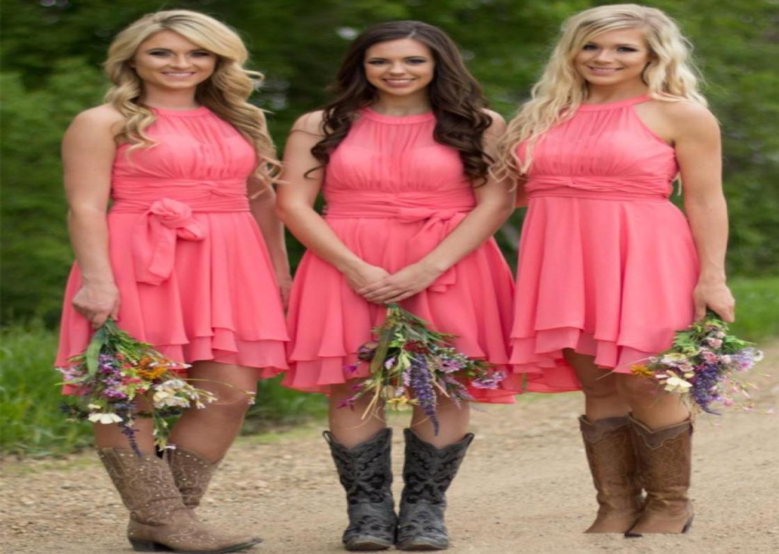 

2019 Country Style Short Bridesmaid Dresses High Low Ruched Chiffon Summer Boho Wedding Guest Dresses Custom Made8939013