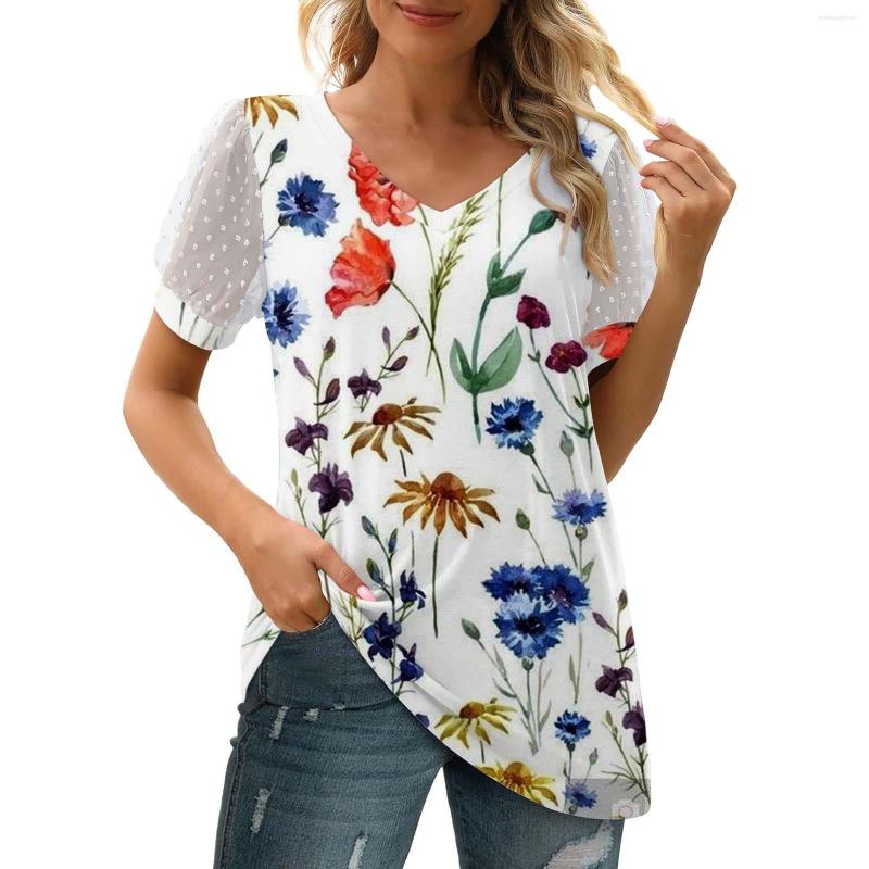 

Women' T Shirts Women' Floral Printed Mesh Fluffy Short Sleeved Bubble V Neck Shirt, Blue