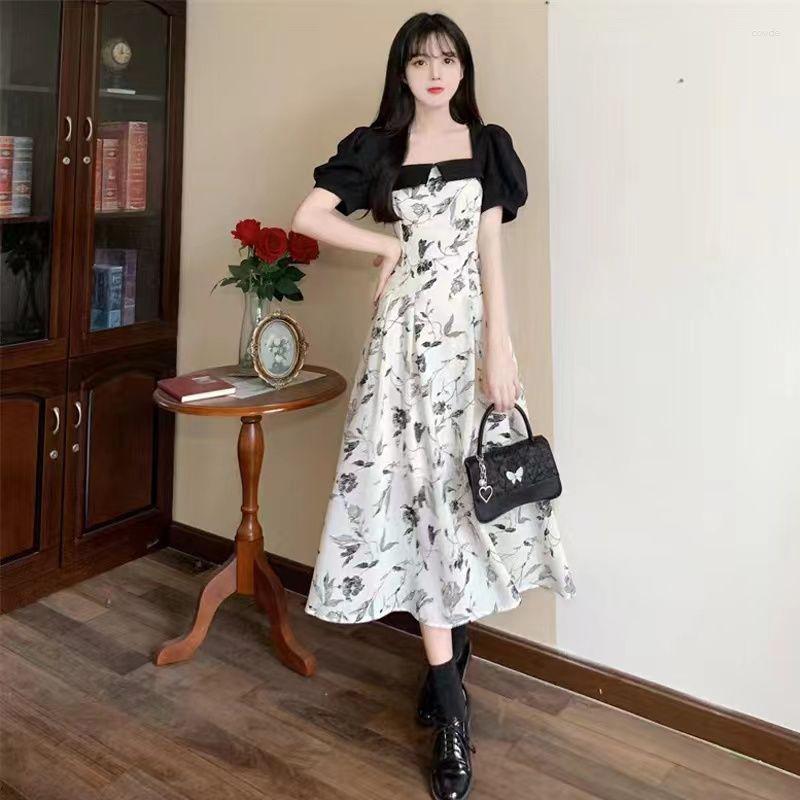 

Casual Dresses Summer Square Collar Puff Sleeve Women Mid Calf Dress French Floral Fashion Harajuku Princess Clothes Evening Party Office, Black