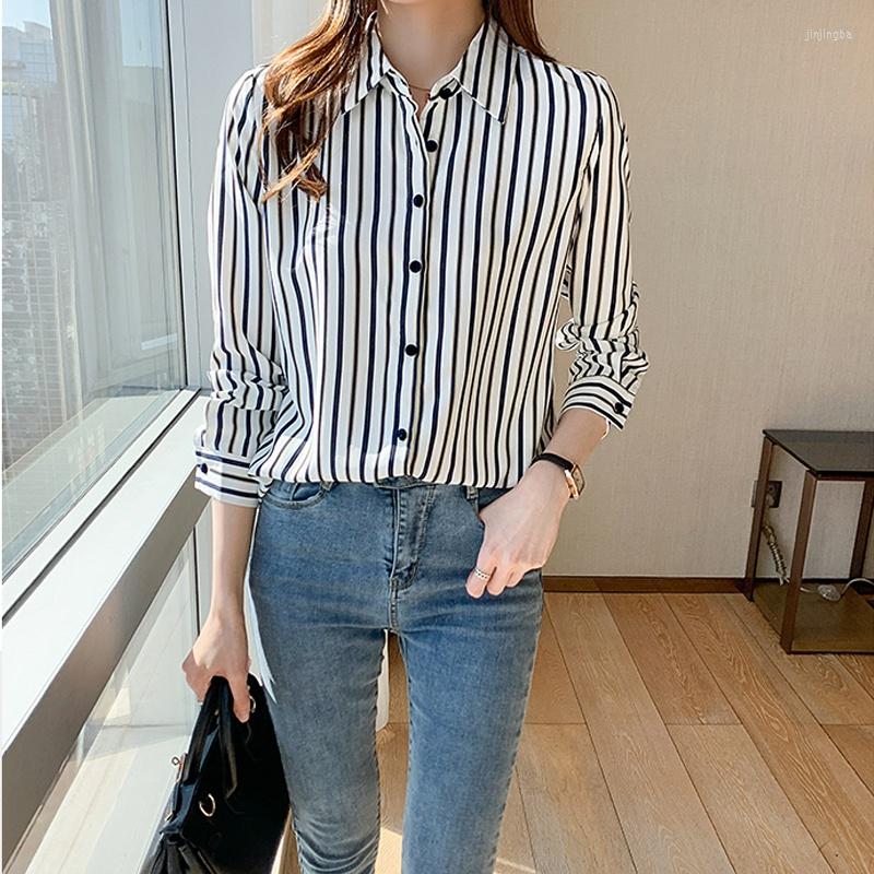 

Women' Blouses Spring Fashion Lapel Striped Shirt Women Long Sleeve Top Casual Lady Office Tops Blusas, White