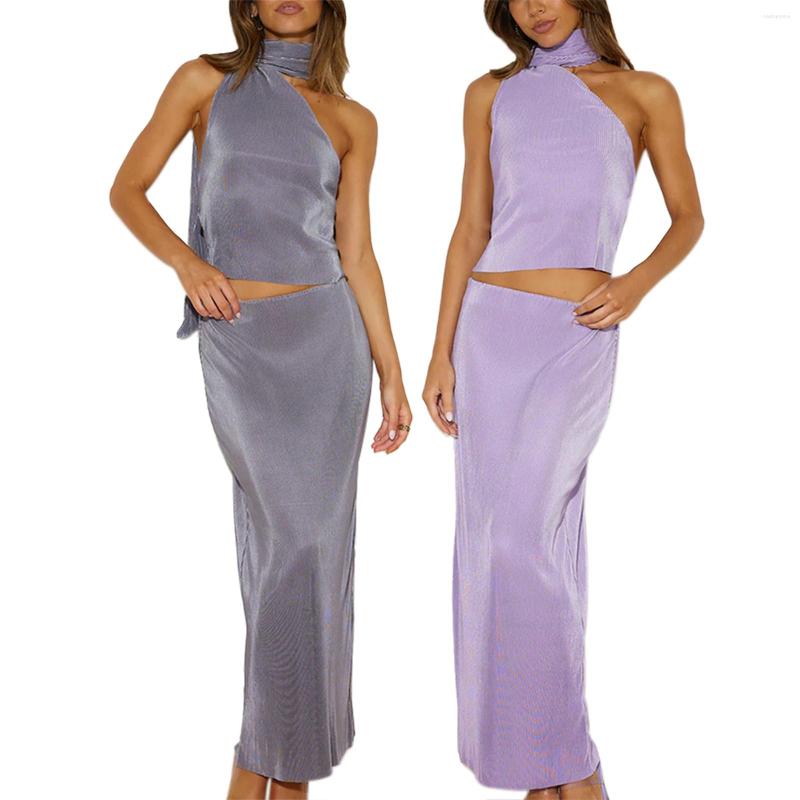 

Work Dresses 2023 Women Summer 2pcs Skirt Set Sexy Sleeveless Halterneck Backless Vest With Long Solid Color Casual Outfit, Gray