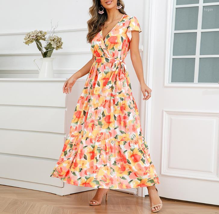

Casual Dresses For Women 2023 Summer Fashion Lotus Sleeve V-Neck Short Dress Bohemian Print Vacation Long Vestidos