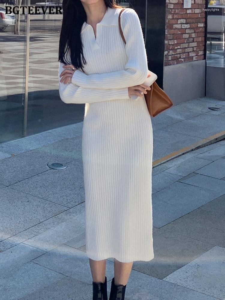 

Casual Dresses BGTEEVER Elegant Lapel Knitted Sweater Dress Women Full Sleeve Solid Straight Female Autumn Winter Ladies Vestidos, Black
