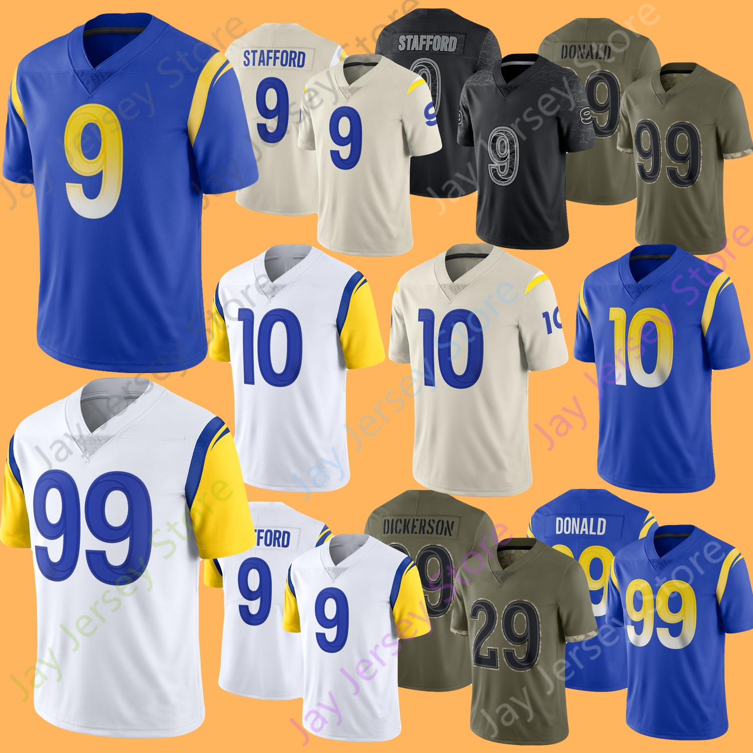 

Custom Football Jersey Matthew Stafford Cooper Kupp Aaron Donald Stetson Bennett IV Marshall Faulk Donald Dickerson White Cream Blue Size S-4XL Women Youth, 2022 salute to service