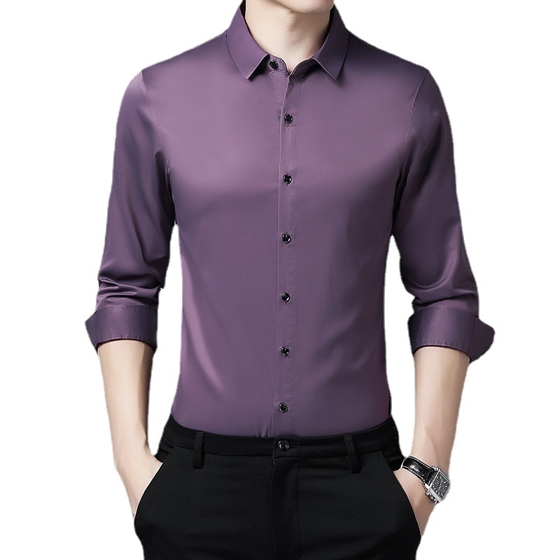 

Men's Dress Shirts Longsleeved Shirt Simulation Silk Daily Business Casual Loose Solid Color Bottoming 230628, Coffee