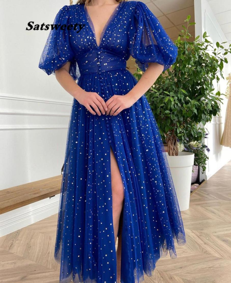 

Cobalt Blue VNeck Prom Dresses Mid Puff Sleeves Starry Tulle Split Prom Gowns Buttoned TeaLength ALine Formal Gowns1906153, Coral