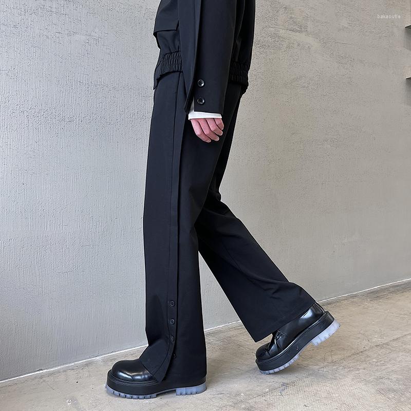 

Men's Pants 2023Korean Button Japan Splits Streetwear Men Hem Pant Fashion Loose Casual Suit Male Elastic Waist Vintage Straight Trousers, K0364
