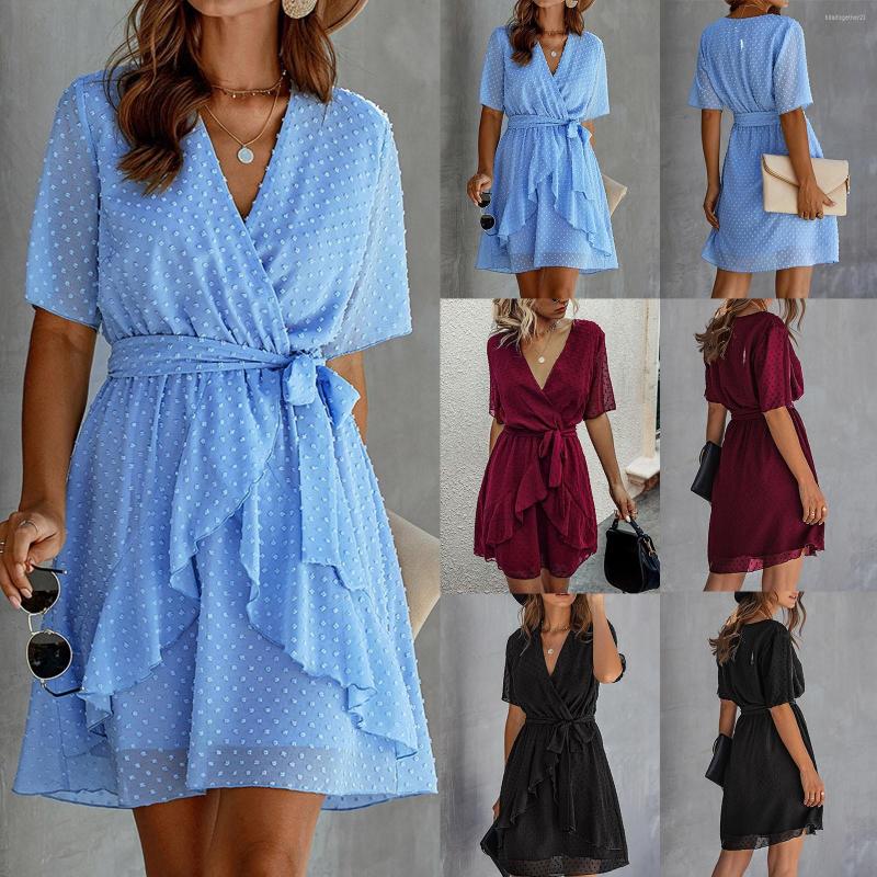 

Casual Dresses Womens Fashion Polka Dot V Neck Waist Ruffle Tie Skirt Tunic Swing For Women, Blue