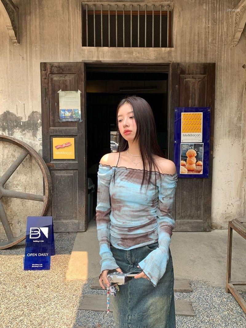 

Women's T Shirts French Line Shoulder Long Sleeve T-shirt Women 23 Summer Tie-dye Niche Design Slim-fit Sunscreen On, Blue