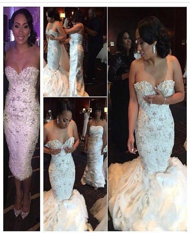 

Stunning Crystal Mermaid Wedding Dresses Beaded Flouncing Ruched Organza Detachable Train Wedding Gowns Plus Size White Bridal Dre4748715