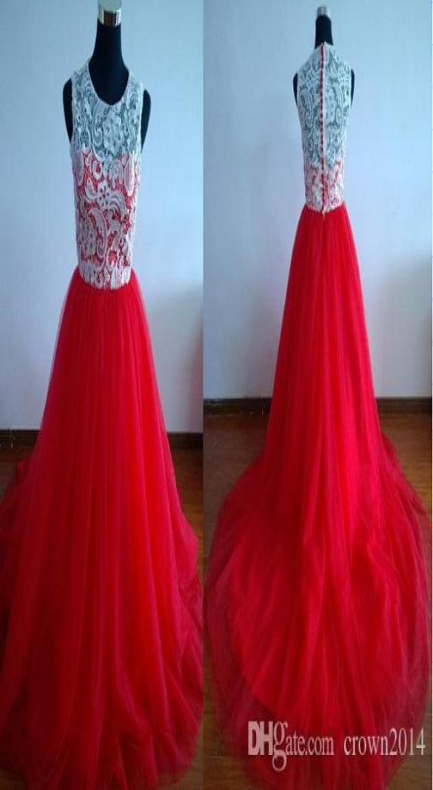 

Jewel Neck White and Red Lace Evening Dresses Tulle ALine Sweep Train Plus Size Formal Prom Dresses Real Pos Custom Made4374898