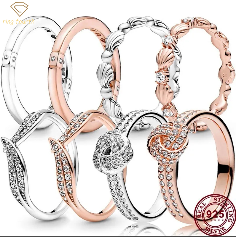 

925 Silver Women Fit Pandora Rings Original Heart Crown Fashion Ring Logo Peach Heart Shiny Shell Love Woman