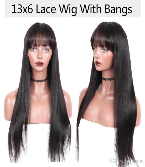 

134 Pre Plucked Remy hair With Bang 150 Density Lace Front Human Hair Wigs For Women Black Brazilian Silk Straight Ever3662135, Natural color