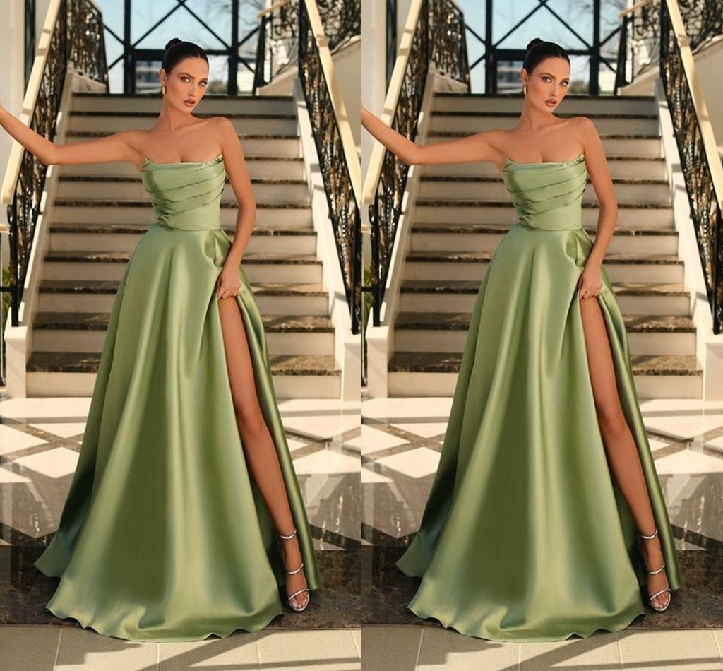

Sexy Green A Line Prom Dresses Long for Black Women Plus Size Strapless Pleats Draped High Side Split Formal Occasion Evening Birthday Club Party Pageant Gowns, Light yellow