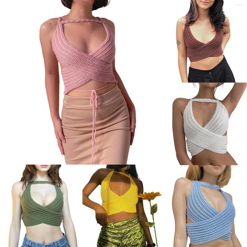 

Women' Tanks Women Summer Knitted Tank Tops Solid Color Deep V-Neck Halter Neck Backless Hollow Straps Bandage Slim Wild Stretch Vest, Blue